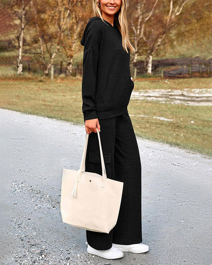 2-Piece Knit Hoodie & Wide Leg Pants Outfit