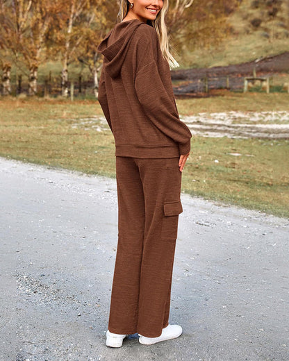 2-Piece Knit Hoodie & Wide Leg Pants Outfit
