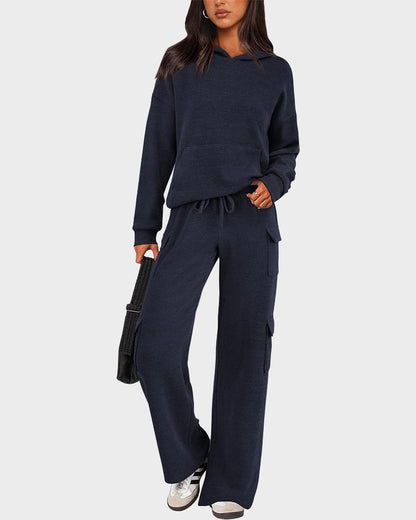 2-Piece Knit Hoodie & Wide Leg Pants Outfit