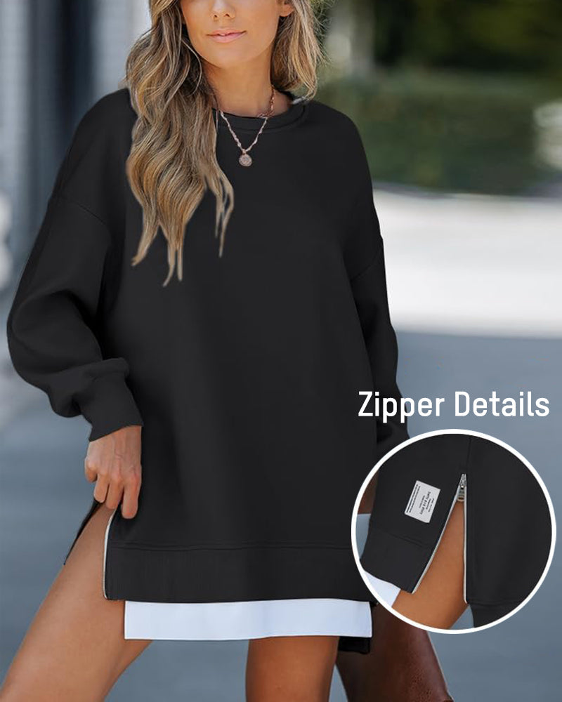 Casual Long Sleeve Zipper Slit Oversized Sweatshirt