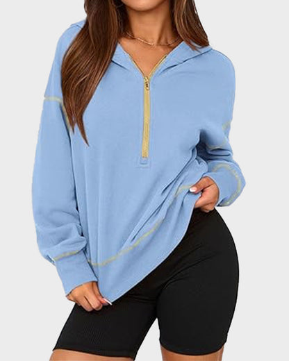 Cropped Half-Zip Hoodie with Contrast Stitching
