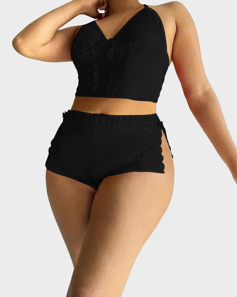 Lace Trim Satin Pajama Cami & Split Shorts Set