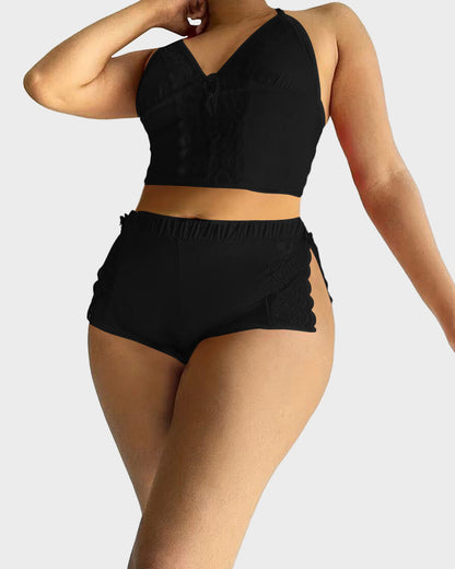 Lace Trim Satin Pajama Cami & Split Shorts Set