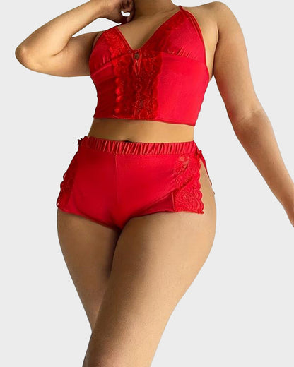 Lace Trim Satin Pajama Cami & Split Shorts Set