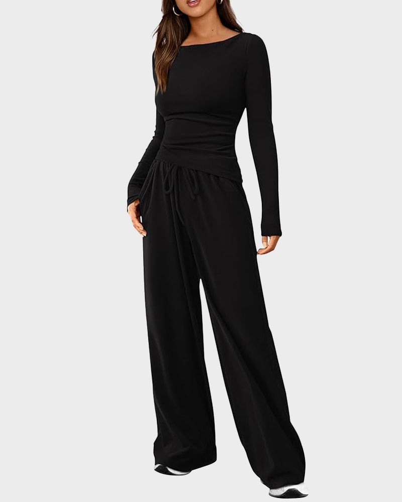 Long Sleeve Tee & Wide Leg Pants 2 Piece Lounge Set
