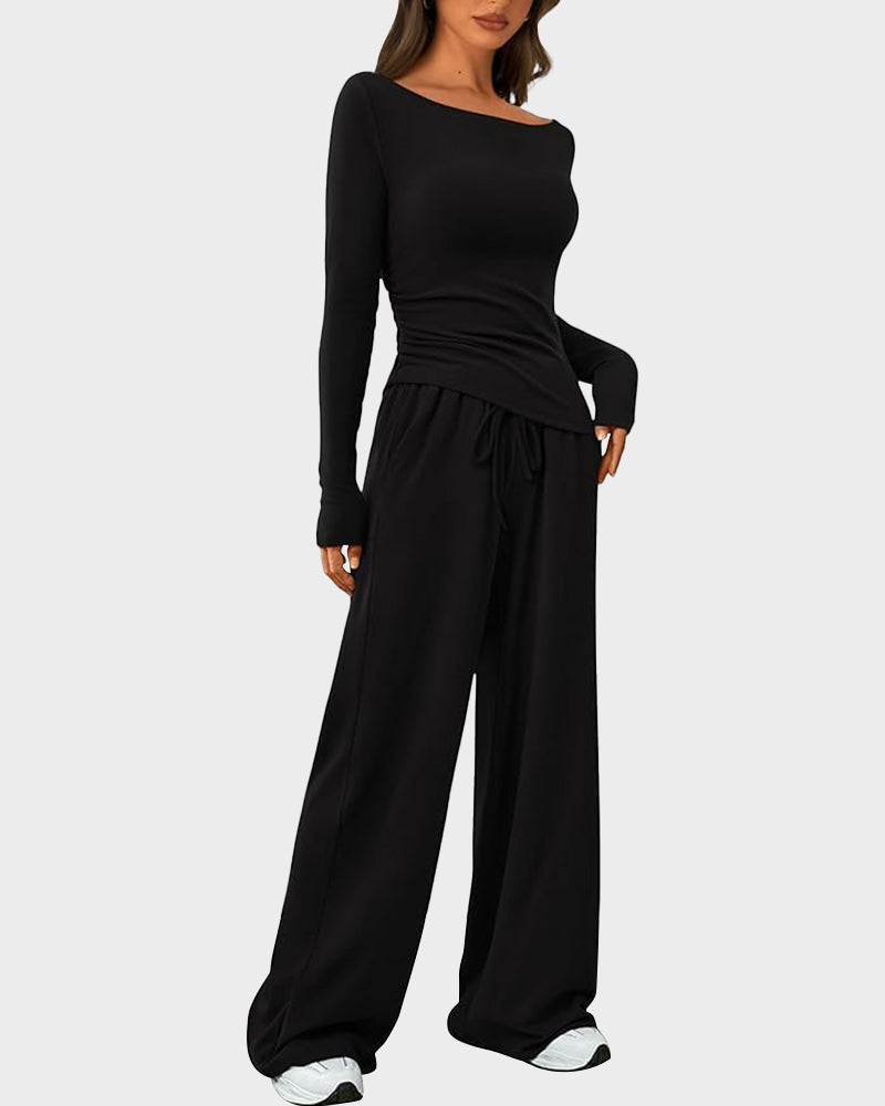 Long Sleeve Tee & Wide Leg Pants 2 Piece Lounge Set