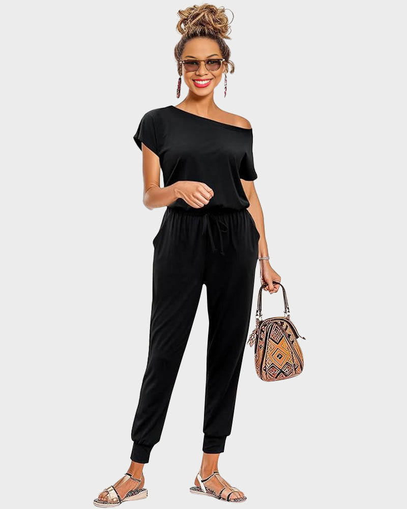 Off-Shoulder Short Sleeve Beam Foot Jumpsuit