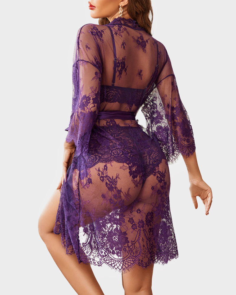 3-Piece Sheer Floral Lace Sleepwear Set