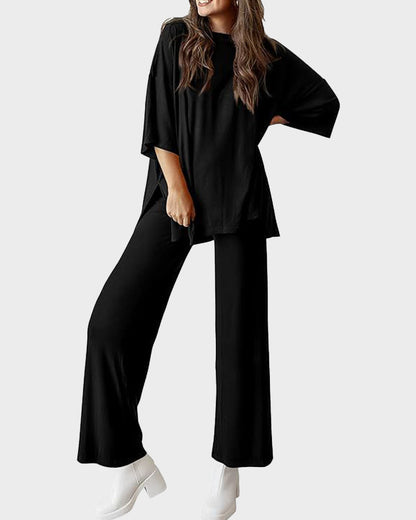 Split Hem Wide Leg Pants 2-Piece Casual Set